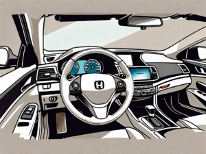 A honda accord's interior focusing on the steering wheel and the cruise control buttons