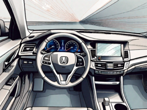 A honda accord's interior focusing on the dashboard with the high beam indicator illuminated