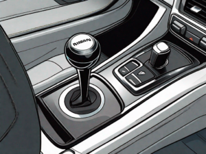 A nissan car's interior focusing on the gear shift knob and dashboard