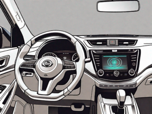 A nissan rogue's dashboard focusing on the radio system with a reset button highlighted