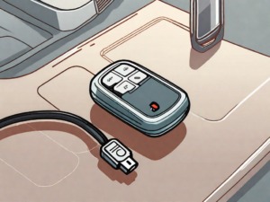 A nissan key fob with an open battery compartment and a new battery beside it