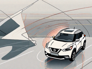 A nissan kicks car with visible radio waves emanating from a remote starter key fob