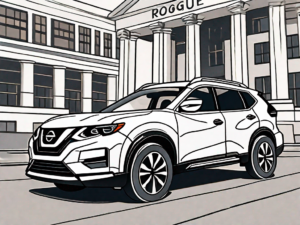 A nissan rogue car in front of a courthouse