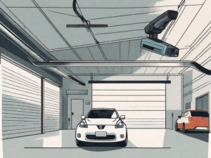 A nissan car parked inside a garage with a garage door opener hanging from the ceiling