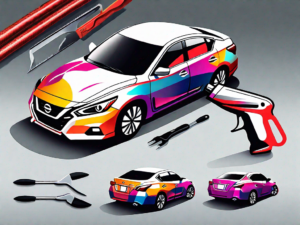 A nissan altima being wrapped in a vibrant