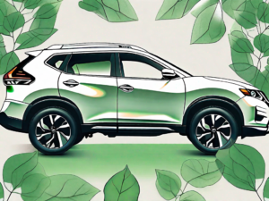 A nissan rogue car with visible eco mode features like the fuel efficiency gauge and green leaves surrounding it