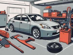 A nissan car parked in a service garage with mechanic tools scattered around