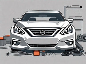 A nissan altima with its front bumper being replaced