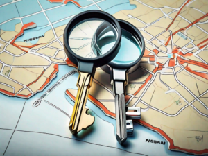 A pair of nissan car keys placed conspicuously on a map