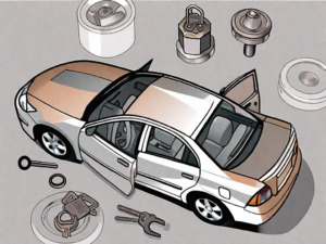 A 2005 nissan altima with a focus on the door lock mechanism and a set of locksmith tools nearby