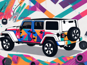 A jeep wrangler being wrapped in a vibrant