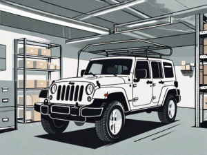 A jeep hardtop being carefully placed on a dedicated storage rack in a clean