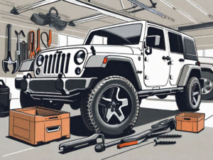 A jeep wrangler in a garage with various tools and equipment around