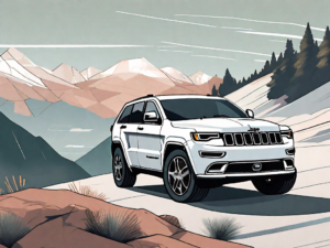 A jeep grand cherokee parked in a scenic mountain landscape