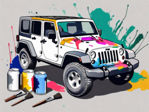 A jeep wrangler with various paintbrushes and cans of paint surrounding it