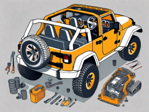 A partially assembled jeep wrangler with various car parts scattered around it