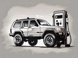 A jeep cherokee from the side view with the gas tank cap open and a gas pump nozzle nearby