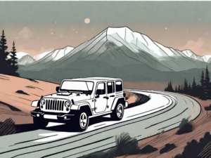 A jeep wrangler on a scenic road