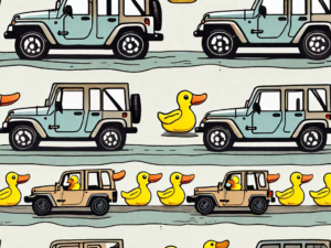 A jeep dashboard with various sizes of rubber ducks adhered to it