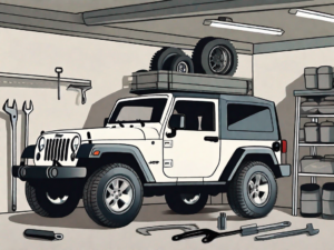 A jeep with its hard top partially detached