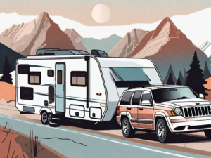 A motorhome with a jeep grand cherokee hitched behind it