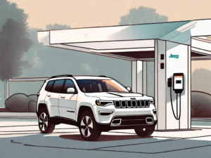 A jeep 4xe connected to a charging station in a suburban setting