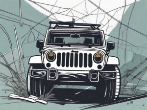 A jeep with a cracked windshield in the foreground