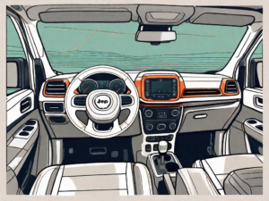 A jeep's interior focusing on the navigation system screen and the audio settings being adjusted