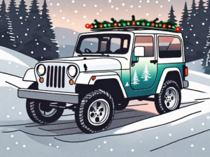 A decorated jeep with christmas lights