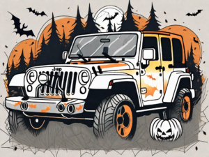 A jeep adorned with halloween themed decorations such as pumpkins