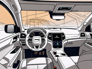 A 2022 jeep grand cherokee's interior focusing on the digital screen on the dashboard