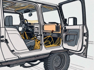 A jeep door partially open with a visible wiring harness disconnected