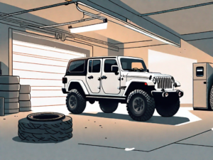 A jeep gladiator parked in a garage with a visible garage door opener hanging from the ceiling