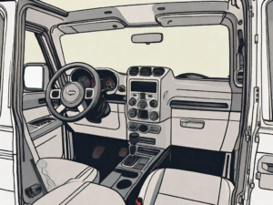 A jeep with the driver's door open revealing the interior controls