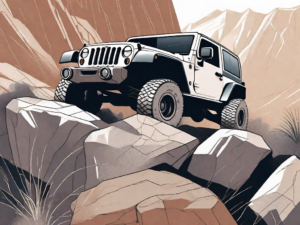 A jeep wrangler with its front and rear tires engaging with a rocky terrain