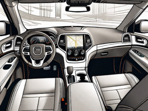 A jeep grand cherokee's interior focusing on the dashboard with highlighted controls for the automatic high beams