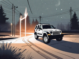 A jeep liberty with the part-time lights illuminated