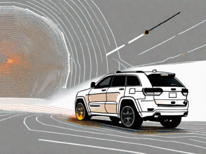 A jeep grand cherokee with its front collision warning system (represented with radar waves) activated