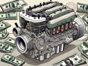 A disassembled jeep engine with various parts labeled