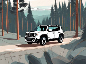 A jeep renegade parked in a scenic landscape with a price tag hanging from the rearview mirror