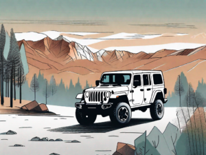 A jeep gladiator parked in a scenic outdoor setting with a lease contract and a calculator nearby