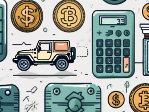 A jeep wrangler with various budget-related icons such as coins