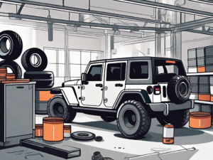 A jeep in a factory setting with various custom parts like tires