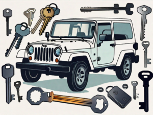 A locked jeep with a visible set of keys inside
